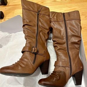 brown buckled heeled boot